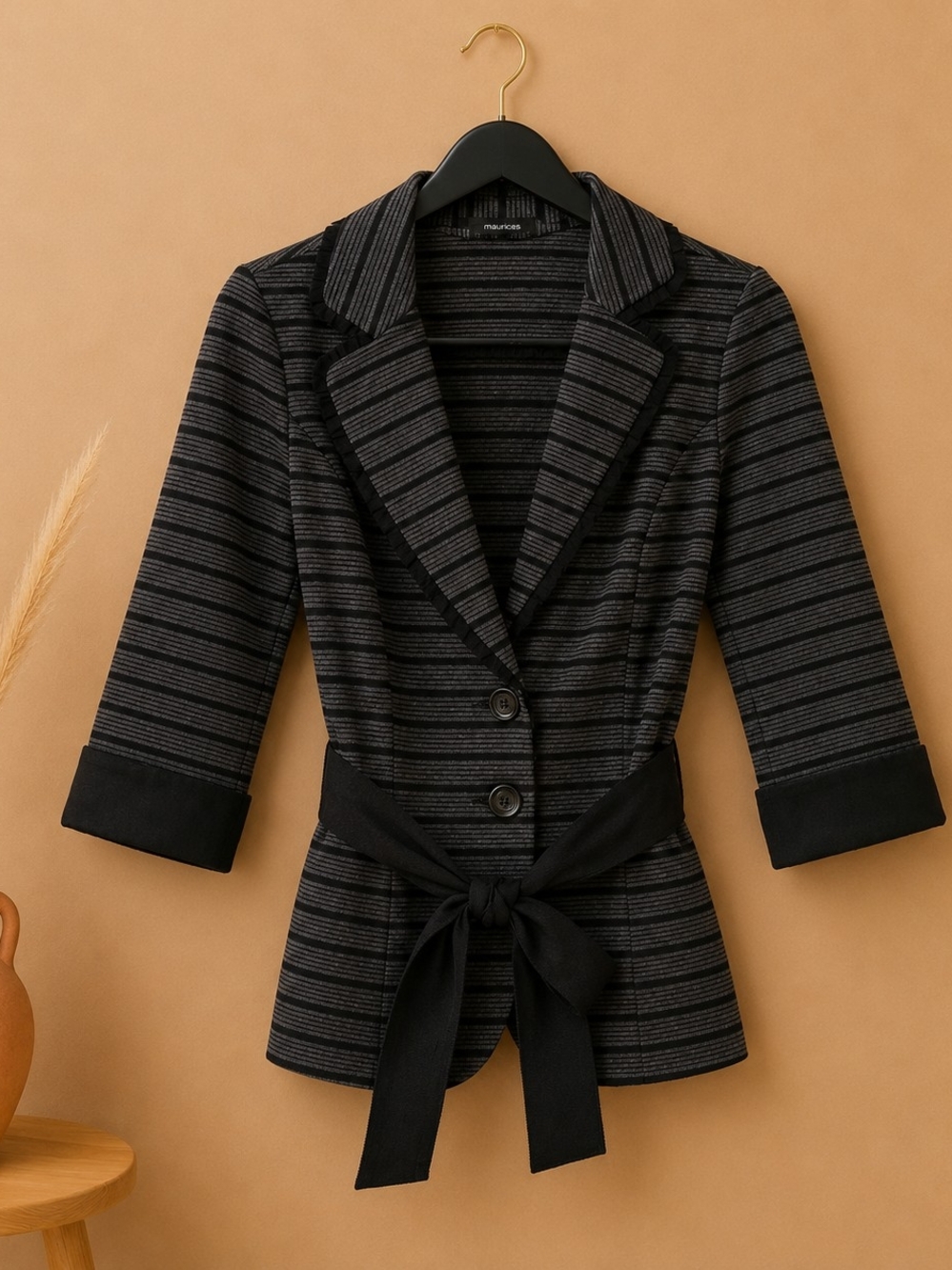 Maurices Black & Gray Striped Knit Blazer with Waist Tie